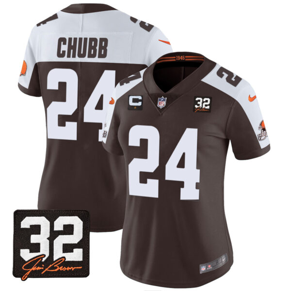 Women's Browns #32 Jim Brown Memorial Patch Jersey - All Stitched - Image 2