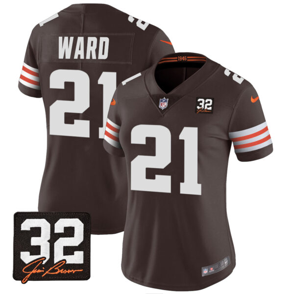 Women's Browns #32 Jim Brown Memorial Patch Jersey - All Stitched - Image 12