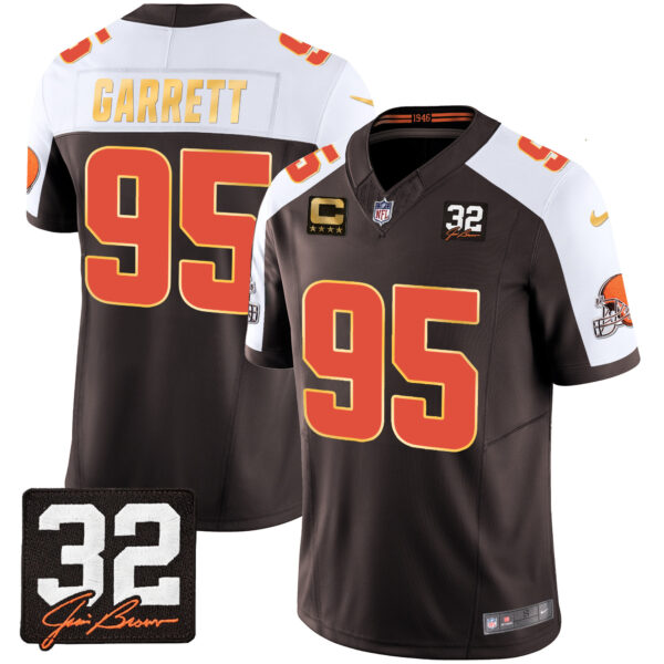 Men's Browns #32 Jim Brown Memorial Patch Gold Trim Jersey - All Stitched - Image 5