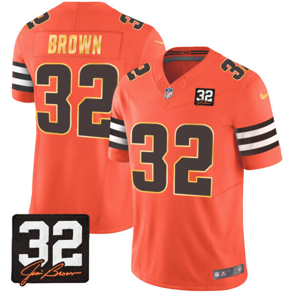 Men's Browns #32 Jim Brown Memorial Patch Gold Trim Jersey - All Stitched - Image 25