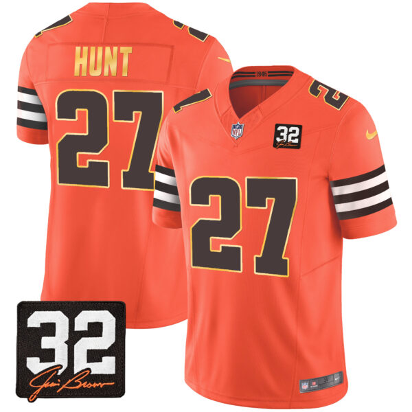 Men's Browns #32 Jim Brown Memorial Patch Gold Trim Jersey - All Stitched - Image 28