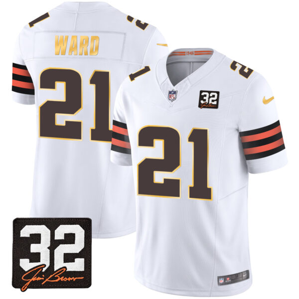 Men's Browns #32 Jim Brown Memorial Patch Gold Trim Jersey - All Stitched - Image 20