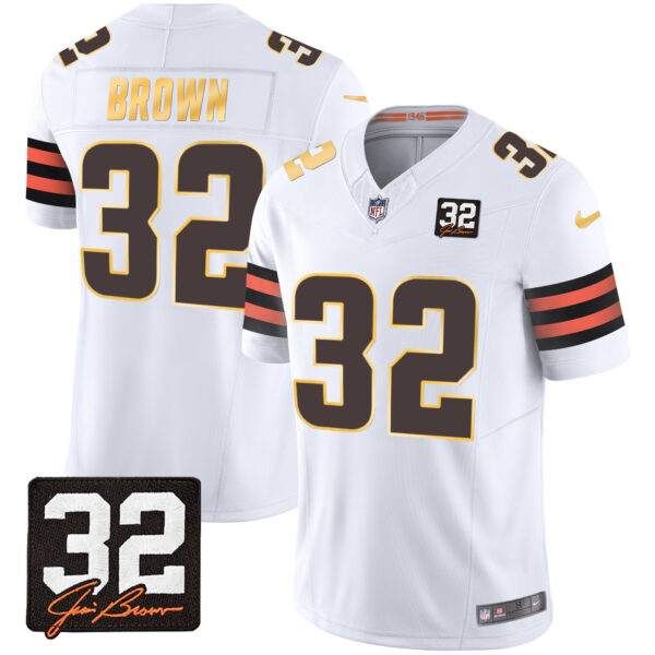 Men's Browns #32 Jim Brown Memorial Patch Gold Trim Jersey - All Stitched - Image 18