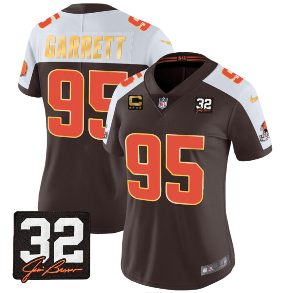 Women's Browns #32 Jim Brown Memorial Patch Gold Trim Jersey - All Stitched - Image 5