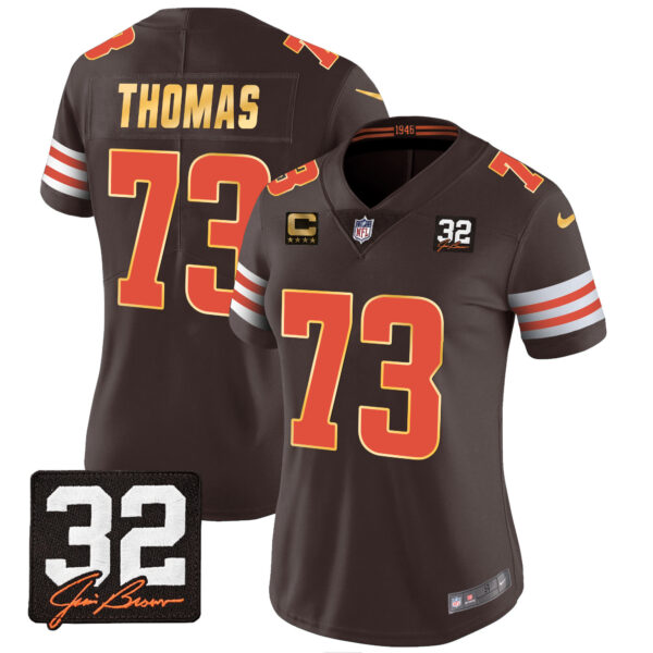 Women's Browns #32 Jim Brown Memorial Patch Gold Trim Jersey - All Stitched - Image 10