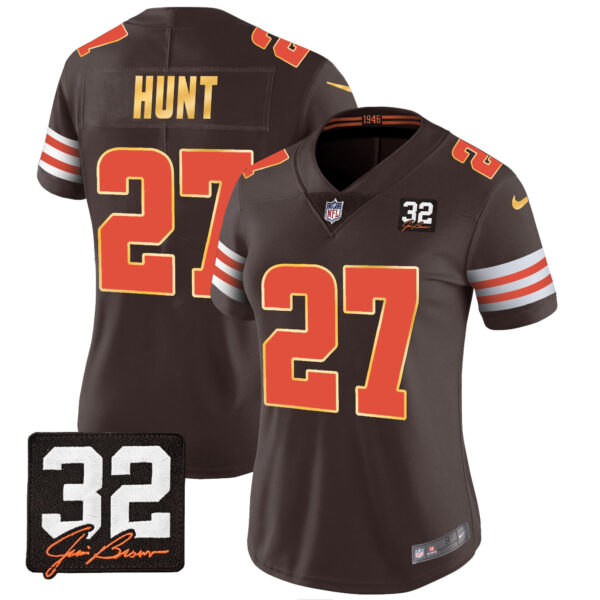 Women's Browns #32 Jim Brown Memorial Patch Gold Trim Jersey - All Stitched - Image 14