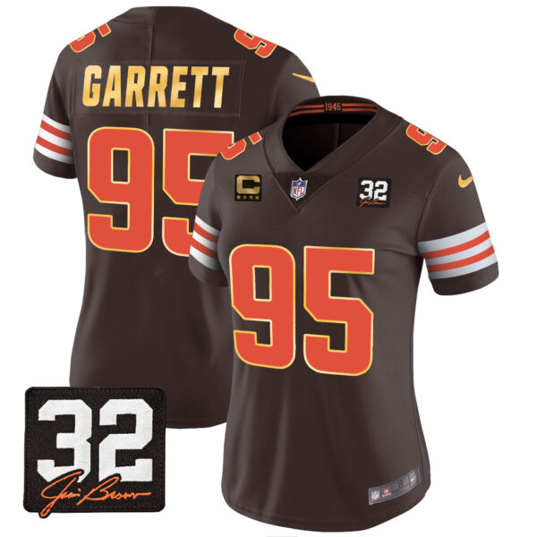 Women's Browns #32 Jim Brown Memorial Patch Gold Trim Jersey - All Stitched - Image 12