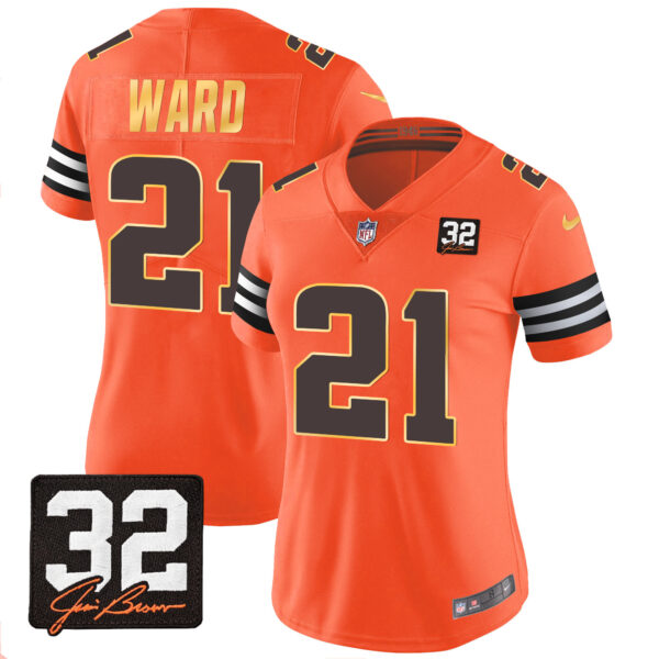 Women's Browns #32 Jim Brown Memorial Patch Gold Trim Jersey - All Stitched - Image 27