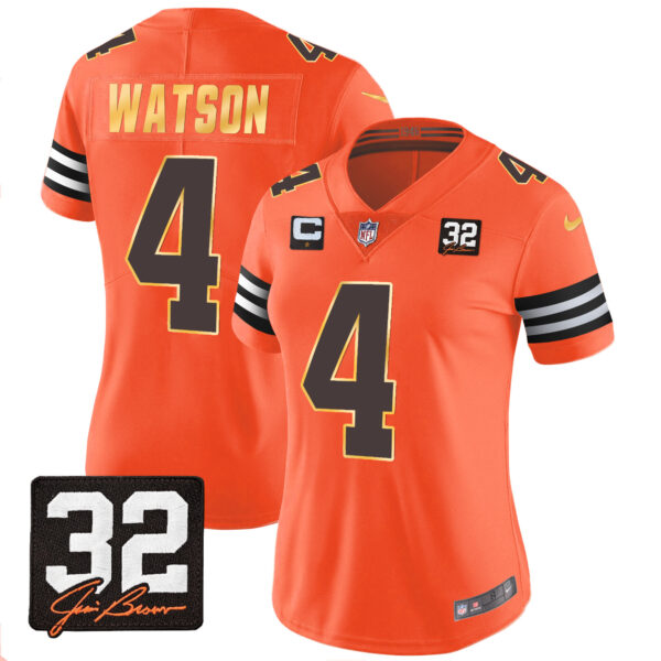 Women's Browns #32 Jim Brown Memorial Patch Gold Trim Jersey - All Stitched - Image 22