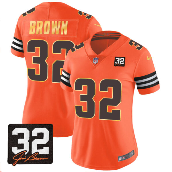 Women's Browns #32 Jim Brown Memorial Patch Gold Trim Jersey - All Stitched - Image 25