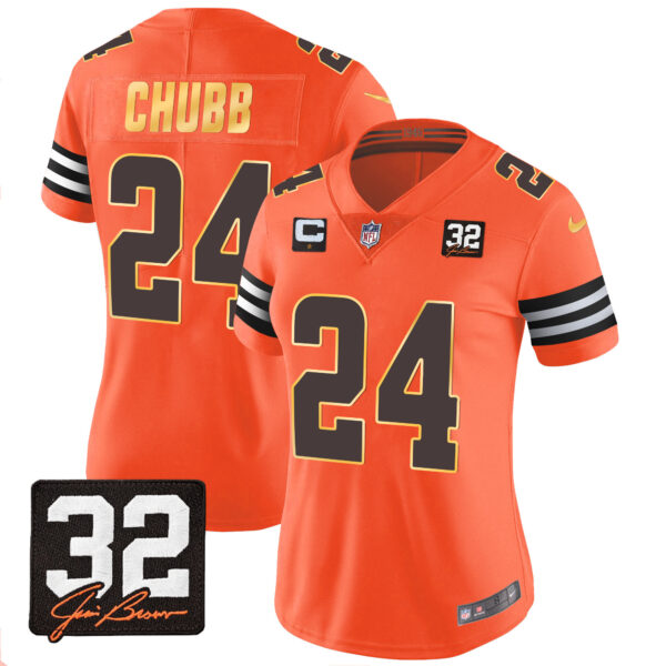 Women's Browns #32 Jim Brown Memorial Patch Gold Trim Jersey - All Stitched - Image 23