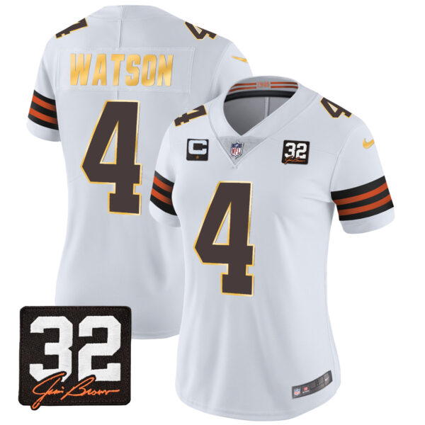 Women's Browns #32 Jim Brown Memorial Patch Gold Trim Jersey - All Stitched - Image 15