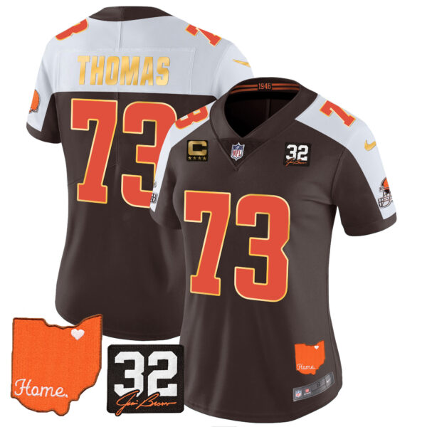 Women's Browns #32 Jim Brown Memorial & Home Patch Gold Trim Jersey - All Stitched - Image 3