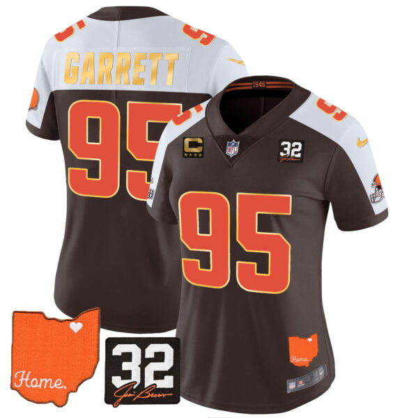 Women's Browns #32 Jim Brown Memorial & Home Patch Gold Trim Jersey - All Stitched - Image 5