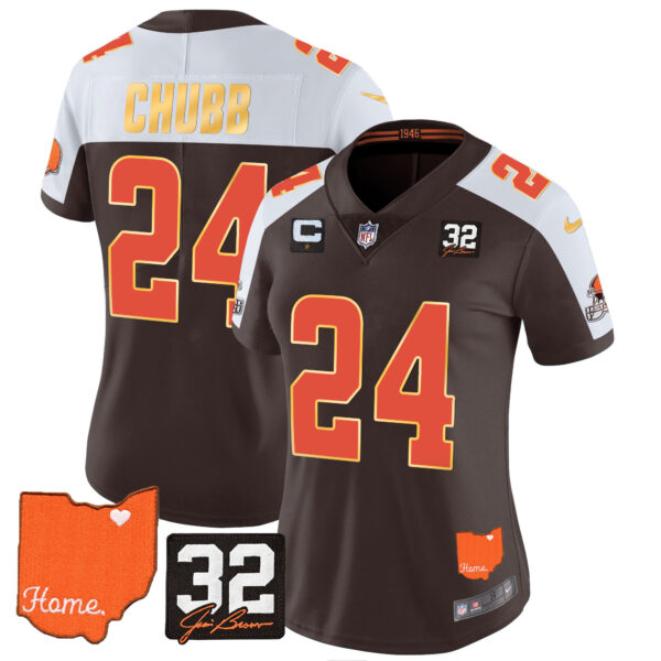 Women's Browns #32 Jim Brown Memorial & Home Patch Gold Trim Jersey - All Stitched - Image 2