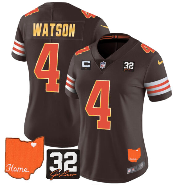 Women's Browns #32 Jim Brown Memorial & Home Patch Gold Trim Jersey - All Stitched - Image 8
