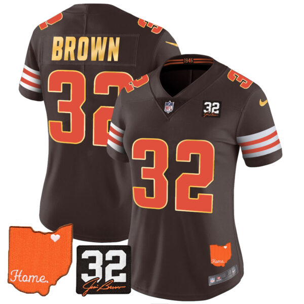 Women's Browns #32 Jim Brown Memorial & Home Patch Gold Trim Jersey - All Stitched - Image 11
