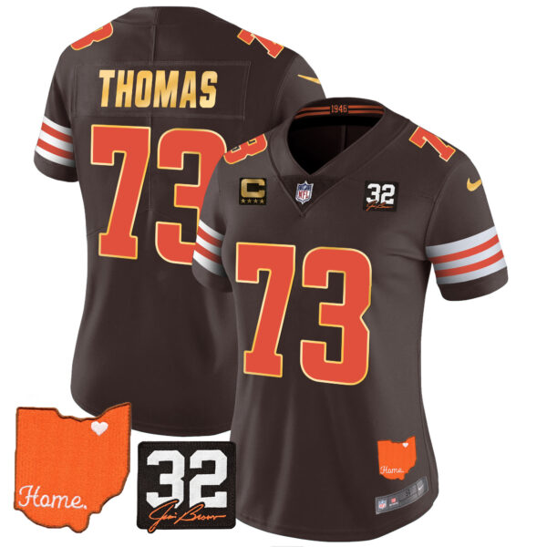 Women's Browns #32 Jim Brown Memorial & Home Patch Gold Trim Jersey - All Stitched - Image 10