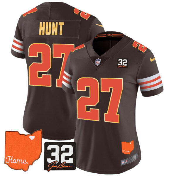 Women's Browns #32 Jim Brown Memorial & Home Patch Gold Trim Jersey - All Stitched - Image 14