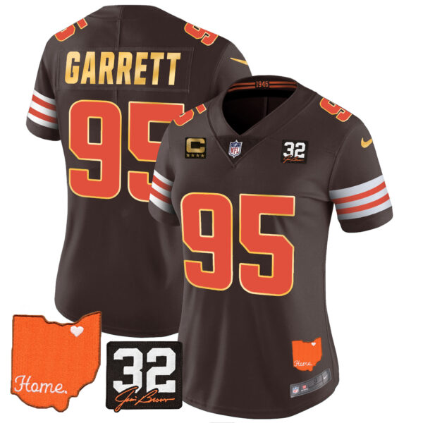 Women's Browns #32 Jim Brown Memorial & Home Patch Gold Trim Jersey - All Stitched - Image 12