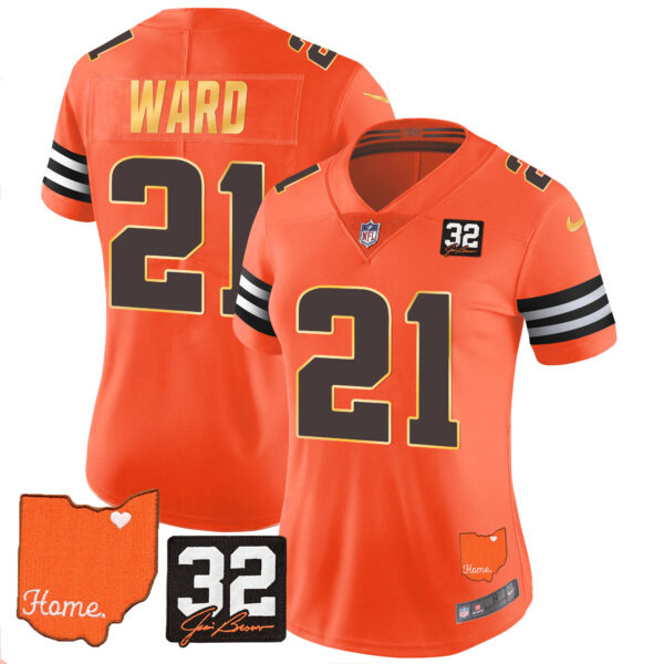 Women's Browns #32 Jim Brown Memorial & Home Patch Gold Trim Jersey - All Stitched - Image 27