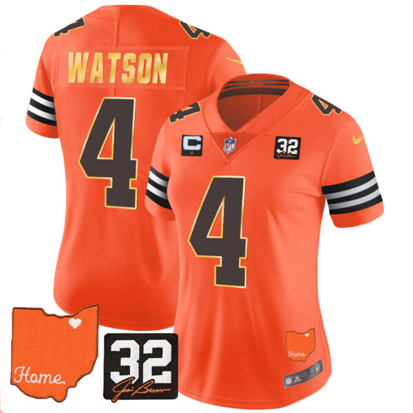 Women's Browns #32 Jim Brown Memorial & Home Patch Gold Trim Jersey - All Stitched - Image 22