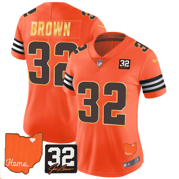 Women's Browns #32 Jim Brown Memorial & Home Patch Gold Trim Jersey - All Stitched - Image 25