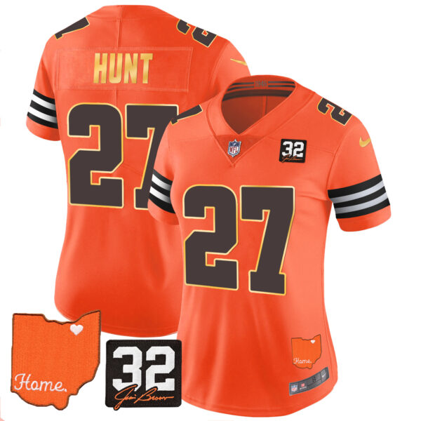 Women's Browns #32 Jim Brown Memorial & Home Patch Gold Trim Jersey - All Stitched - Image 28