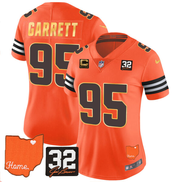 Women's Browns #32 Jim Brown Memorial & Home Patch Gold Trim Jersey - All Stitched - Image 26