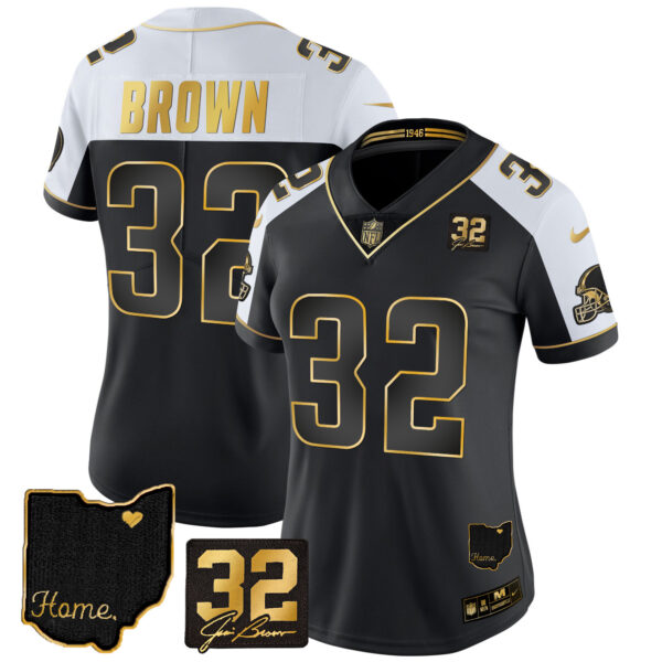 Women's Browns #32 Jim Brown Memorial & Home Patch Gold Jersey - All Stitched - Image 22