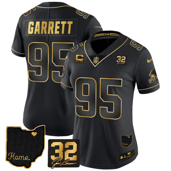 Women's Browns #32 Jim Brown Memorial & Home Patch Gold Jersey - All Stitched - Image 11
