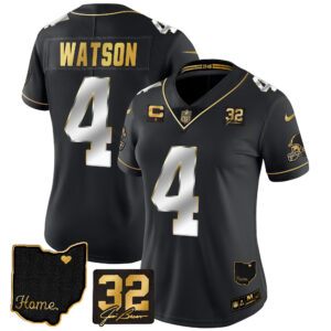 Women's Browns #32 Jim Brown Memorial & Home Patch Gold Jersey - All Stitched