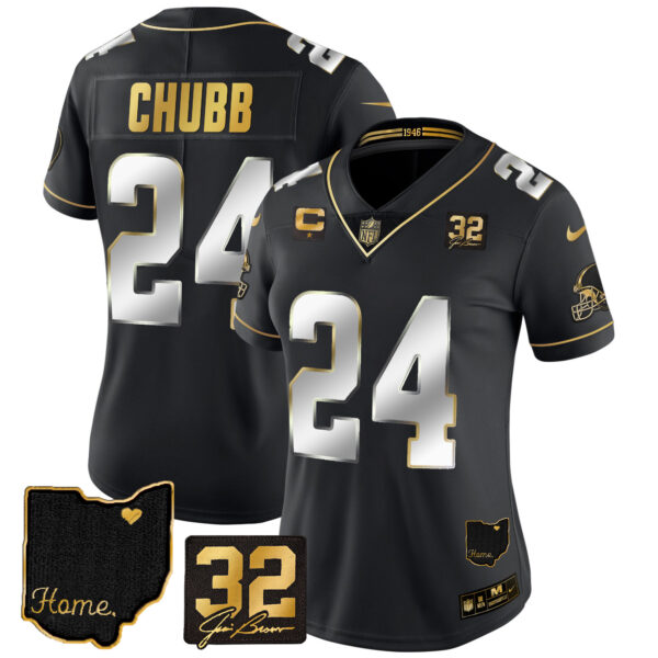 Women's Browns #32 Jim Brown Memorial & Home Patch Gold Jersey - All Stitched - Image 2