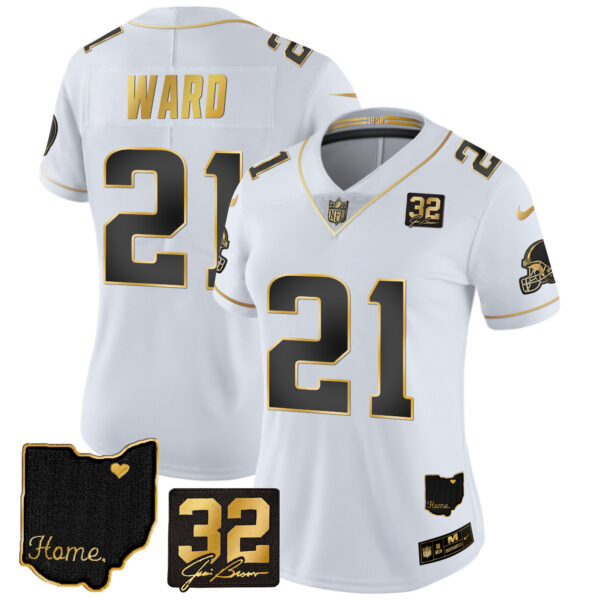 Women's Browns #32 Jim Brown Memorial & Home Patch Gold Jersey - All Stitched - Image 18
