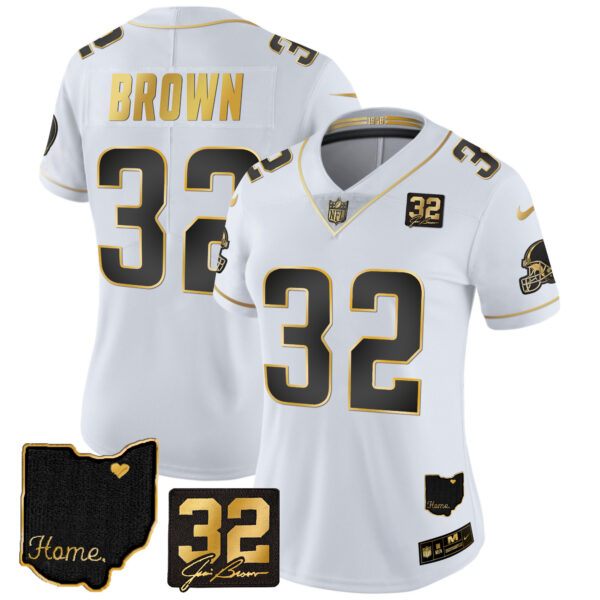 Women's Browns #32 Jim Brown Memorial & Home Patch Gold Jersey - All Stitched - Image 16