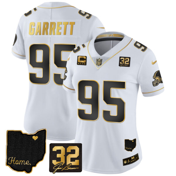 Women's Browns #32 Jim Brown Memorial & Home Patch Gold Jersey - All Stitched - Image 17