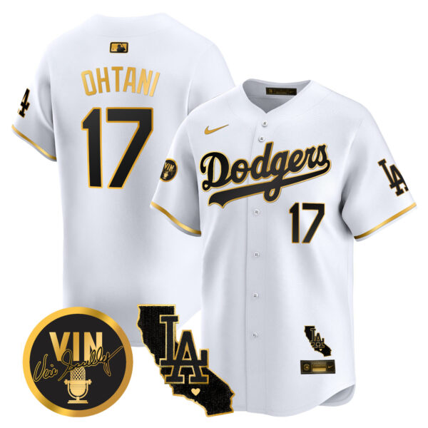 Men's Dodgers Vin & California Patch Gold Vapor Premier Limited Jersey - All Stitched - Image 11