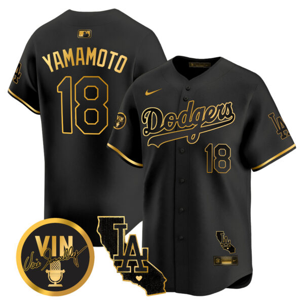 Men's Dodgers Vin & California Patch Gold Vapor Premier Limited Jersey - All Stitched - Image 27