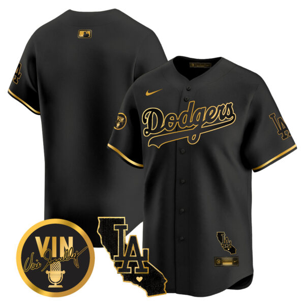 Men's Dodgers Vin & California Patch Gold Vapor Premier Limited Jersey - All Stitched - Image 30