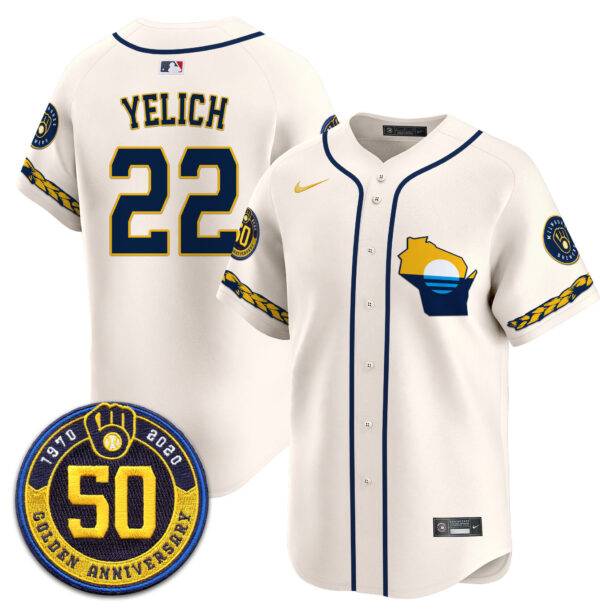 Men's Milwaukee Brewers Golden 50th Anniversary Patch Vapor Premier Limited Jersey - All Stitched - Image 2