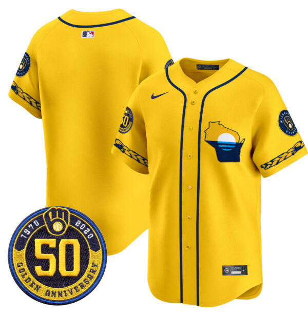 Men's Milwaukee Brewers Golden 50th Anniversary Patch Vapor Premier Limited Jersey - All Stitched - Image 35