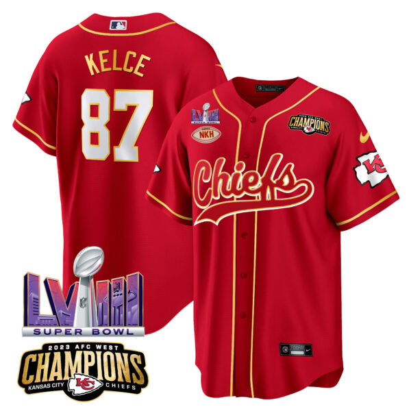 Men's Chiefs AFC West Champions & Super Bowl LVIII Patch Baseball Jersey - All Stitched - Image 2