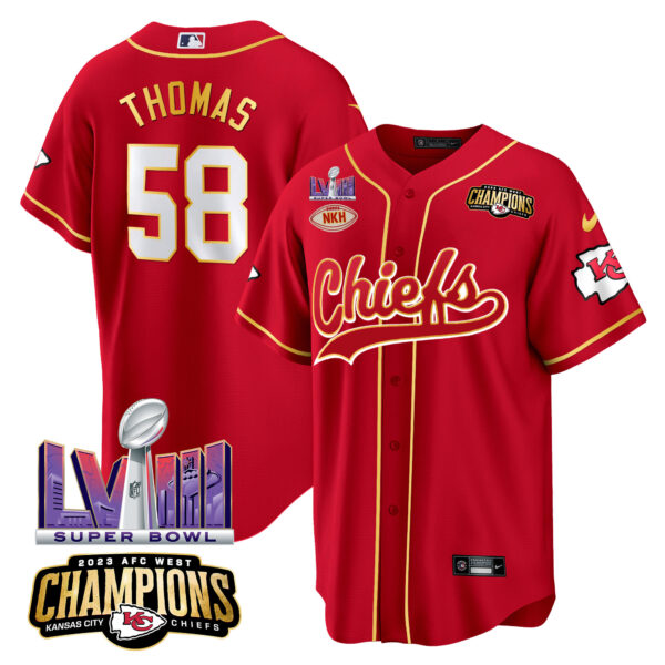 Men's Chiefs AFC West Champions & Super Bowl LVIII Patch Baseball Jersey - All Stitched - Image 4