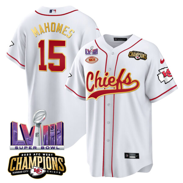 Men's Chiefs AFC West Champions & Super Bowl LVIII Patch Baseball Jersey - All Stitched - Image 9