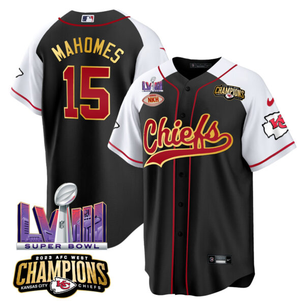 Men's Chiefs AFC West Champions & Super Bowl LVIII Patch Baseball Jersey - All Stitched - Image 25