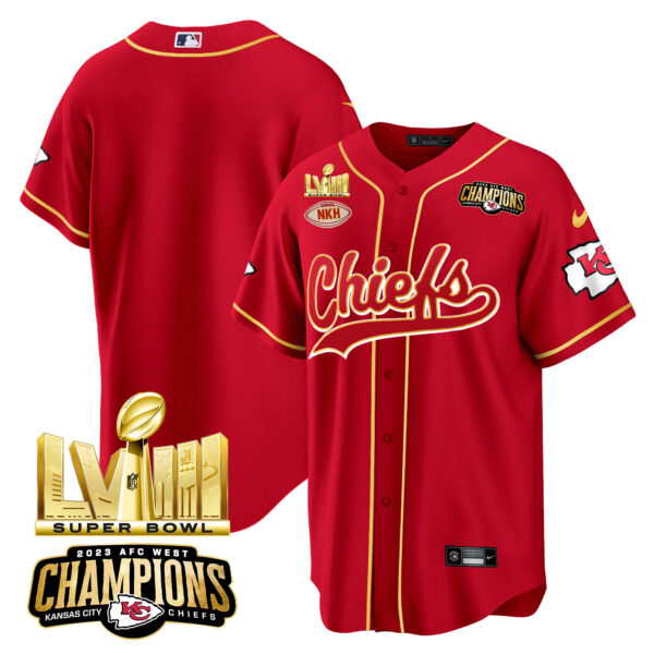 Men's Chiefs AFC West Champions & Super Bowl LVIII Gold Patch Baseball Jersey - All Stitched - Image 8