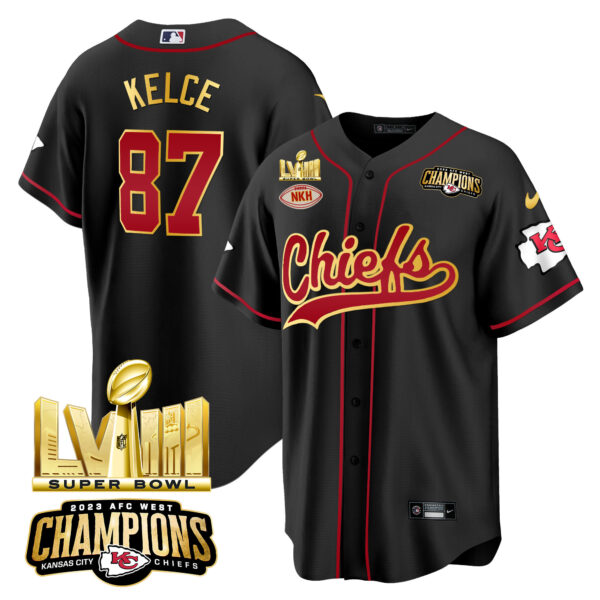 Men's Chiefs AFC West Champions & Super Bowl LVIII Gold Patch Baseball Jersey - All Stitched - Image 18