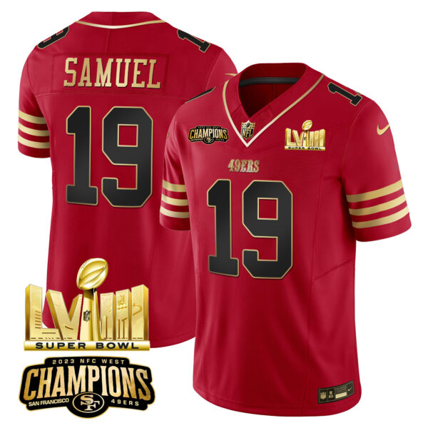 Men's 49ers NFC West Champions & Super Bowl LVIII Gold Patch Vapor Jersey - All Stitched - Image 12