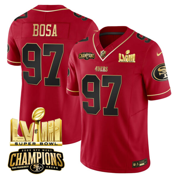 Men's 49ers NFC West Champions & Super Bowl LVIII Gold Patch Vapor Jersey - All Stitched - Image 27