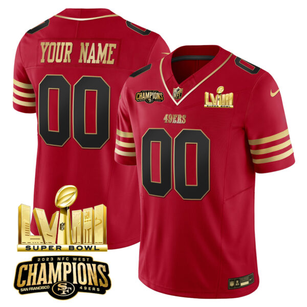 49ers NFC West Champions & Super Bowl LVIII Gold Patch Vapor Custom Jersey - All Stitched - Image 2
